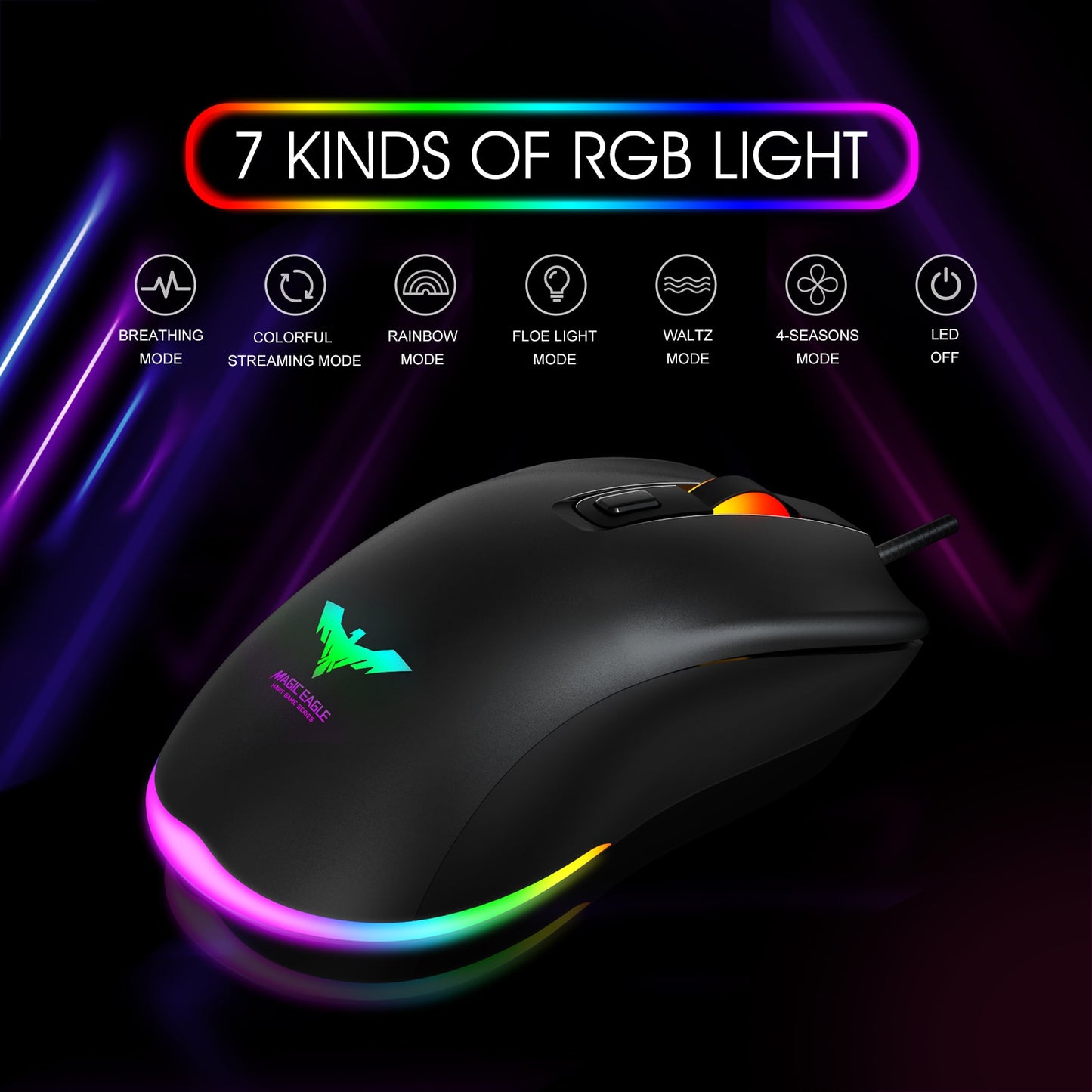 RGB Gaming Mouse Wired PC Gaming Mice with 7 Color Backlight 6 Buttons Up to 6400 DPI Computer USB Mouses Black MS732