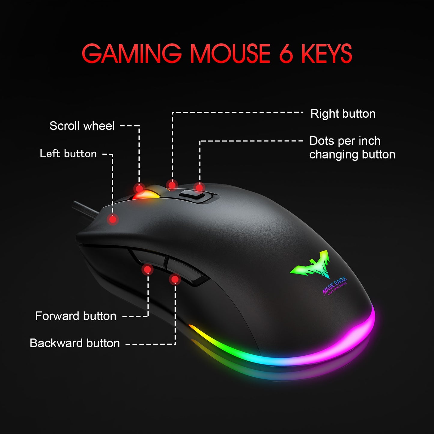 RGB Gaming Mouse Wired PC Gaming Mice with 7 Color Backlight 6 Buttons Up to 6400 DPI Computer USB Mouses Black MS732