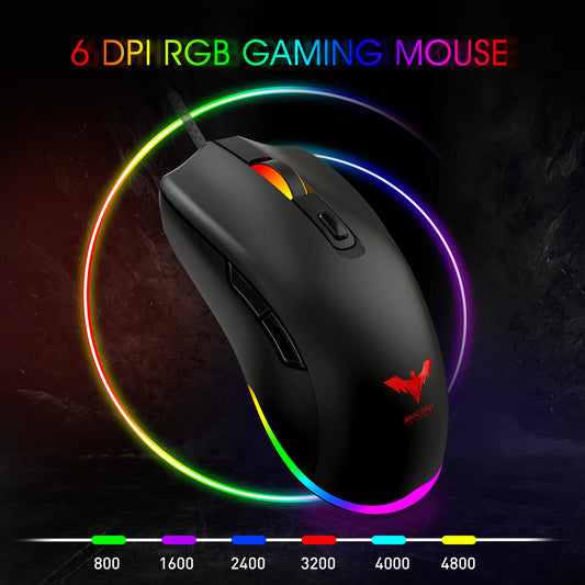 RGB Gaming Mouse Wired PC Gaming Mice with 7 Color Backlight 6 Buttons Up to 6400 DPI Computer USB Mouses Black MS732