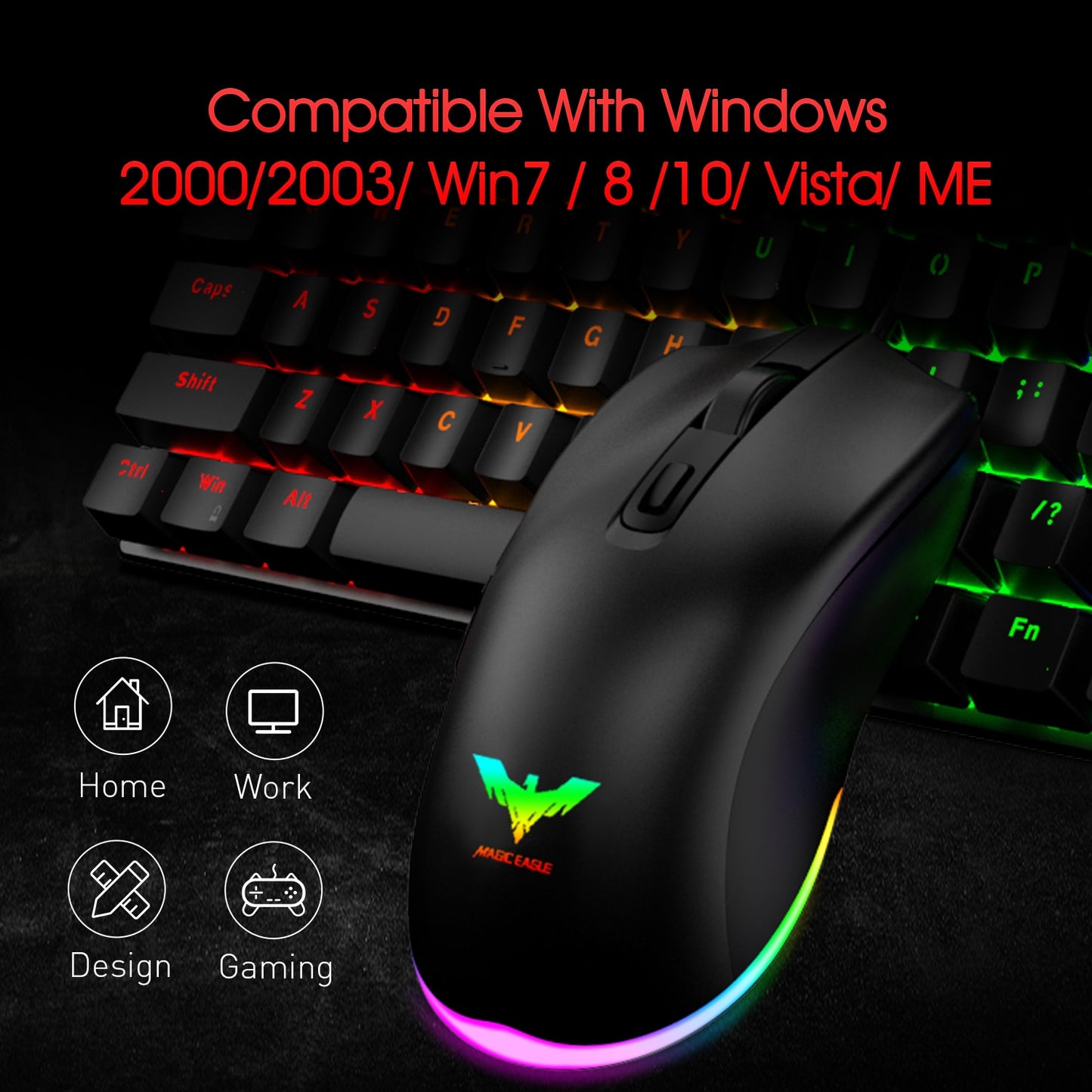 RGB Gaming Mouse Wired PC Gaming Mice with 7 Color Backlight 6 Buttons Up to 6400 DPI Computer USB Mouses Black MS732